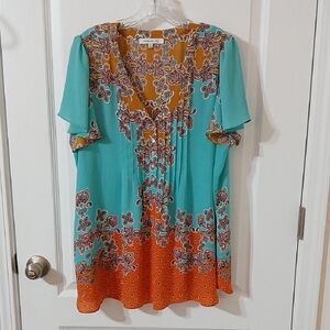 Rose & Olive Teal and Orange Floral Blouse